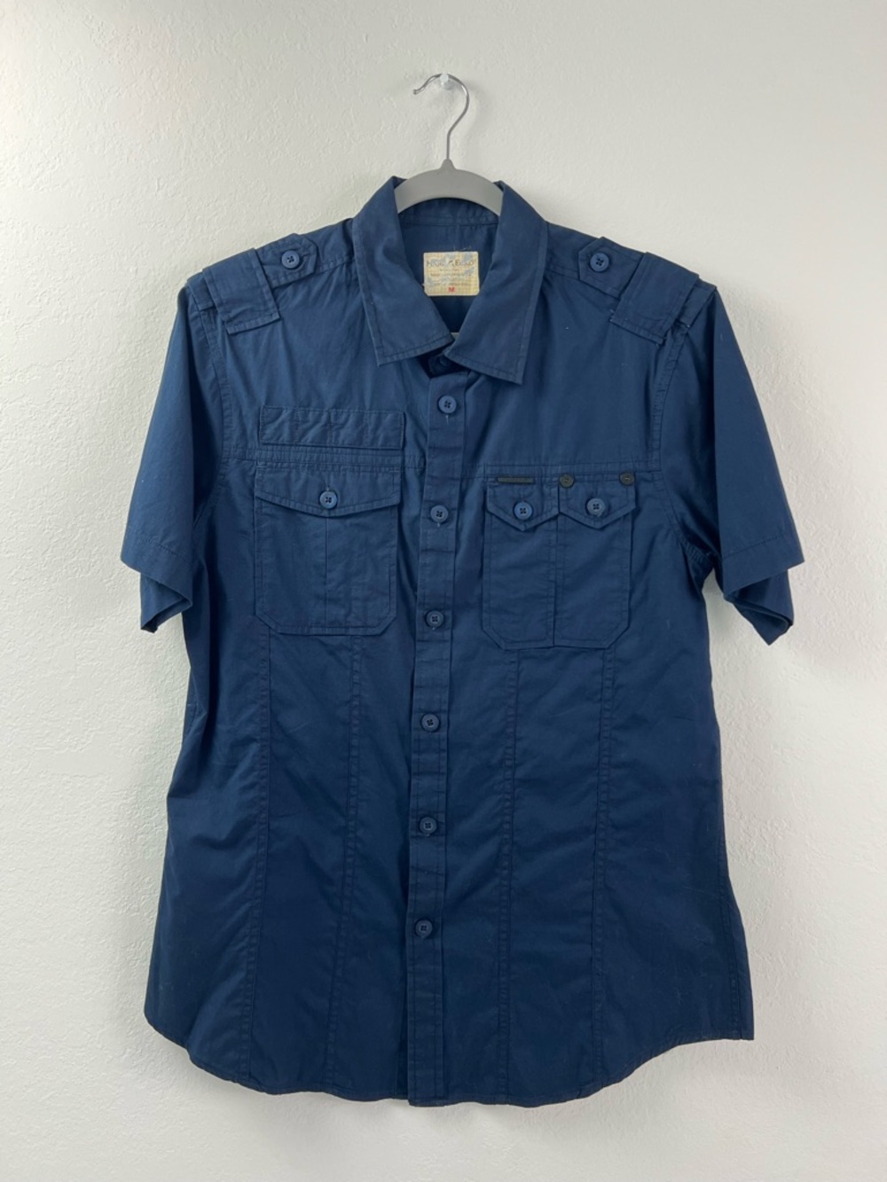 Marc Ecko Navy Nautical Utility Short Sleeve Summer Vacation Work Button Down